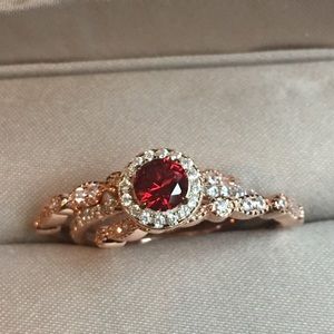 3pcs Rose Gold Ruby Engagement Ring Wedding Bands